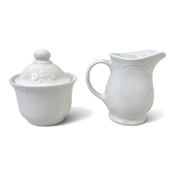 Pfaltzgraff Other - Pfaltzgraff Filigree White Stoneware Sugar Bowl with Lid and Creamer Pitcher Set